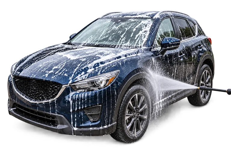 Foamed car being rinsed