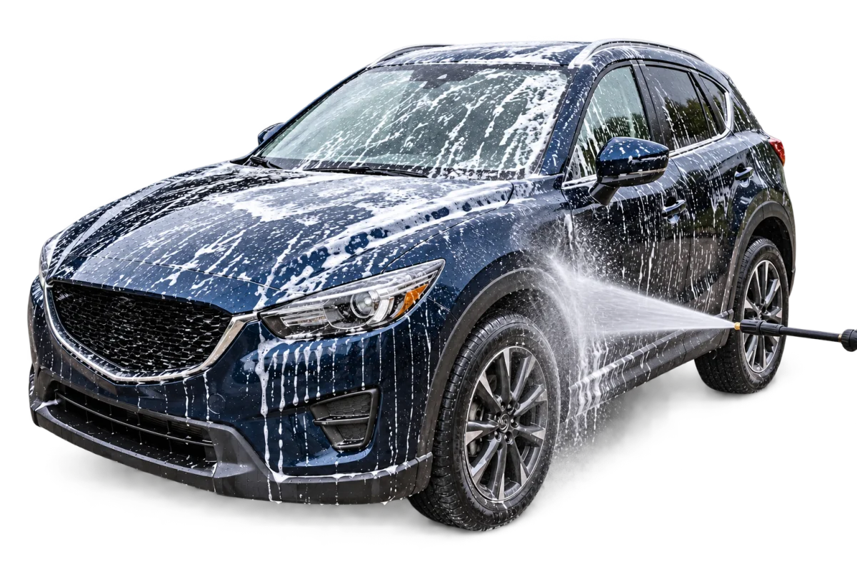 Foam-covered SUV being pressure washed