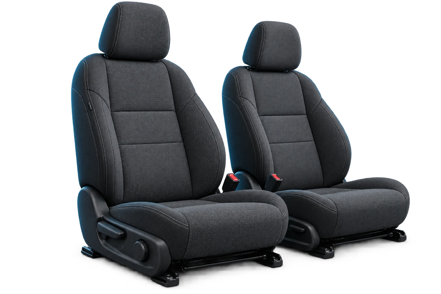 Illustration of two generic charcoal cloth vehicle seats