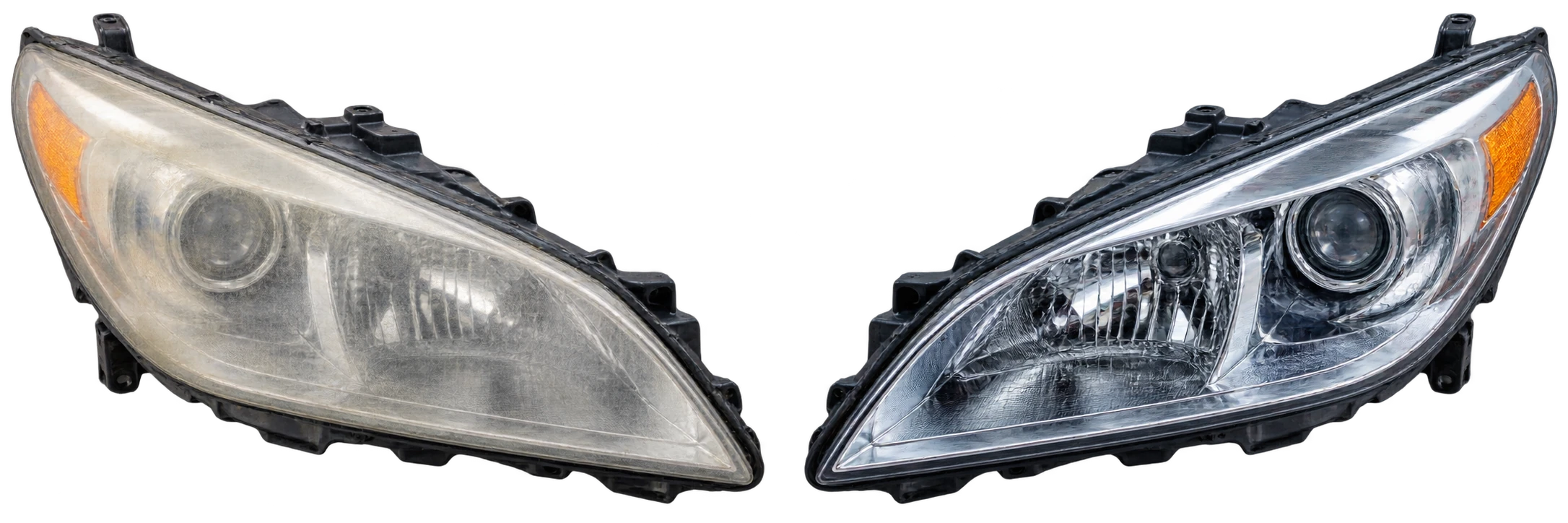 Cloudy headlight lens beside a clear headlight lens