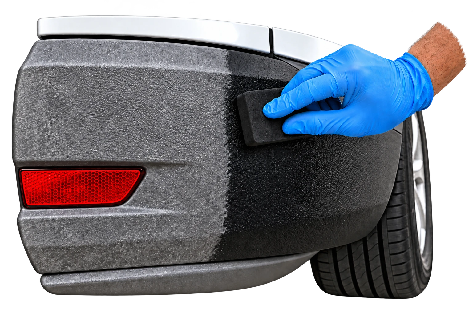 Illustration of an applicator beside an exterior plastic bumper